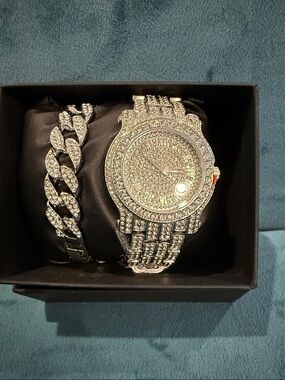 Silver-Tone Pave Crystal Watch and Bracelet Set ICED OUT WATCH AND BRACELET